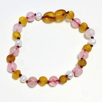 Adult Sea Pearl, Unpolished Honey Amber and Rose Quartz Mix Bracelet